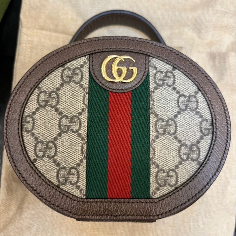 GUCCI 古馳 GG Ophidia mini 圓餅包肩背/斜背鏈包(綠紅)-0