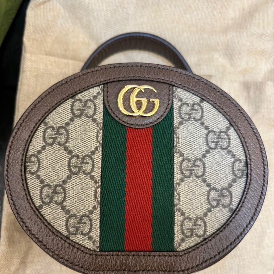 GUCCI 古馳 GG Ophidia mini 圓餅包肩背/斜背鏈包(綠紅)-5