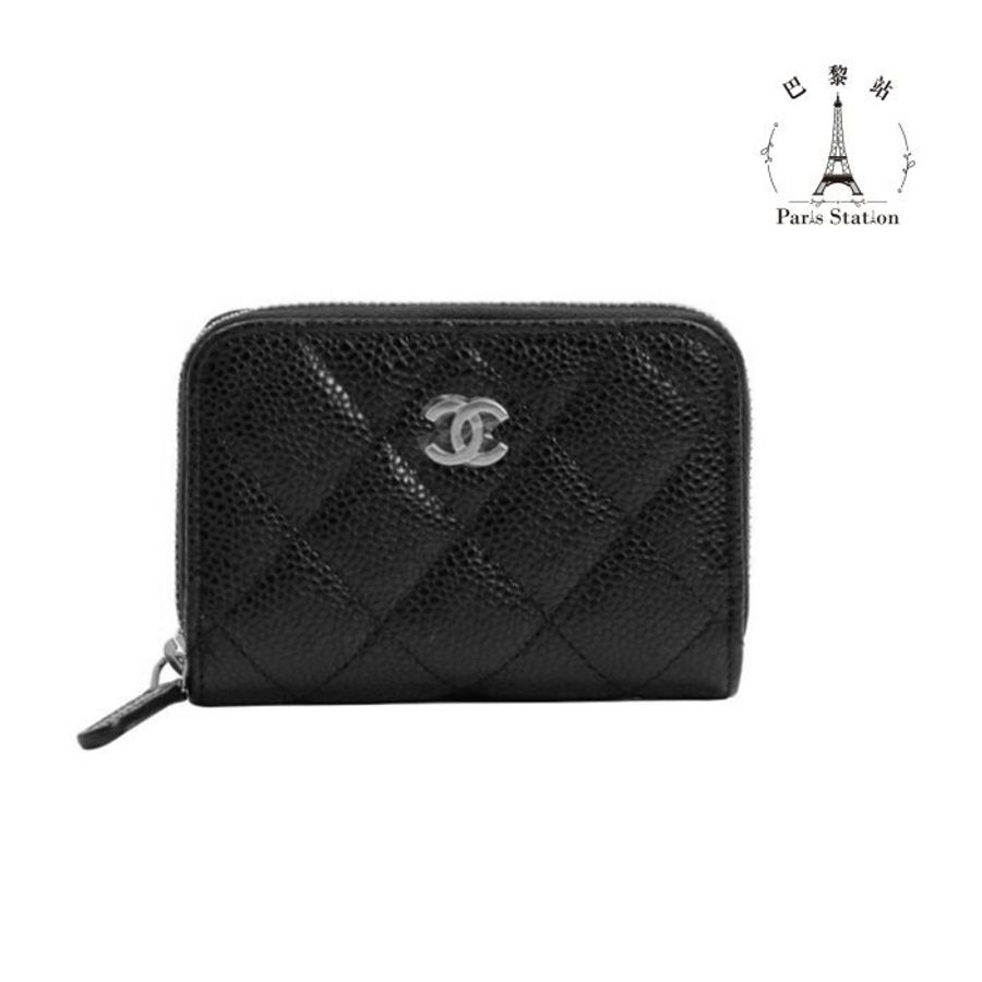 【巴黎站二手名牌專賣】*全新現貨*CHANEL 香奈兒 真品*AP0216 黑荔枝牛皮銀雙C拉鍊卡夾 零錢包(黑X酒紅)-0