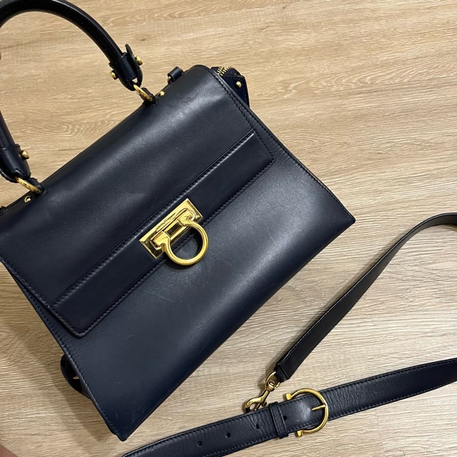 瑞奇二手精品 salvatore ferragamo 博物館包 深藍色 30cm 手提 側背包-1