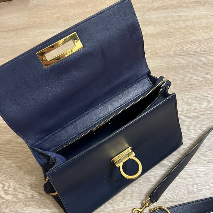 瑞奇二手精品 salvatore ferragamo 博物館包 深藍色 30cm 手提 側背包-2
