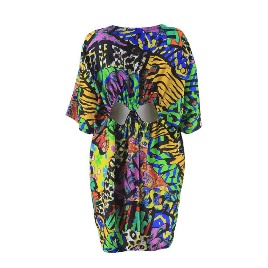 Moschino "Peace N' Love" Back Strings Fancy Colored Silk Jumper Dress for Women in Multicolor (A0402-560-1555-38)-1