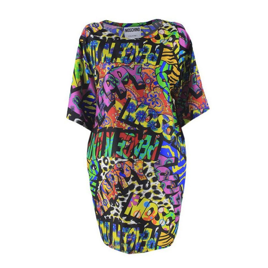 Moschino "Peace N' Love" Back Strings Fancy Colored Silk Jumper Dress for Women in Multicolor (A0402-560-1555-40)-0