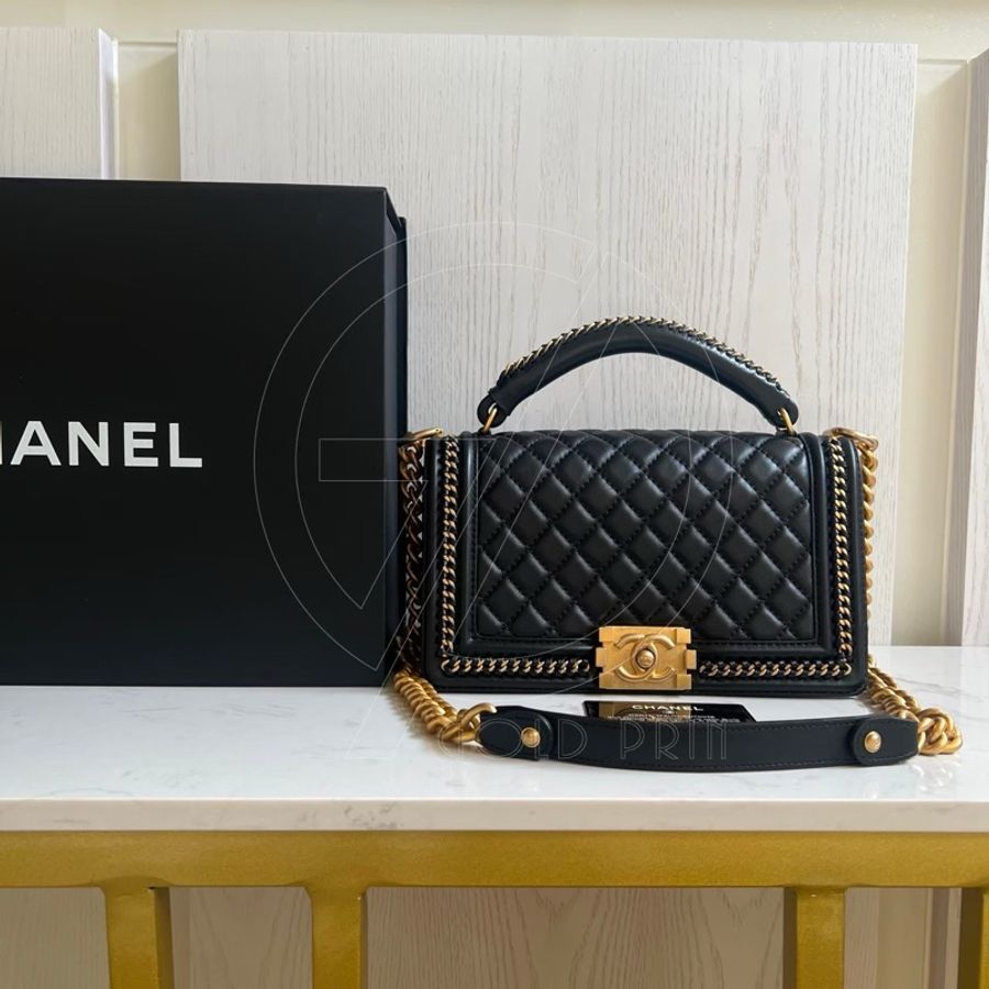 CHANEL BOY 25 手把口蓋包 金、釦錬-0