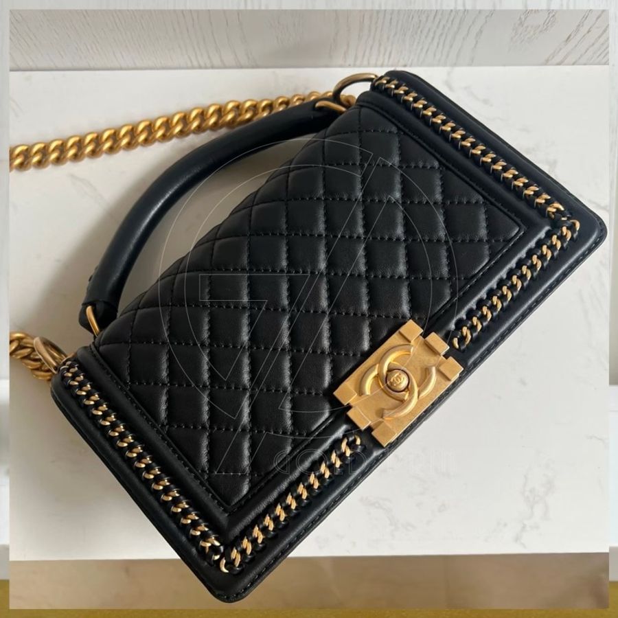 CHANEL BOY 25 手把口蓋包 金、釦錬-4