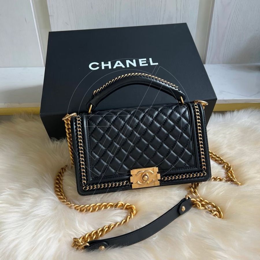 CHANEL BOY 25 手把口蓋包 金、釦錬-5