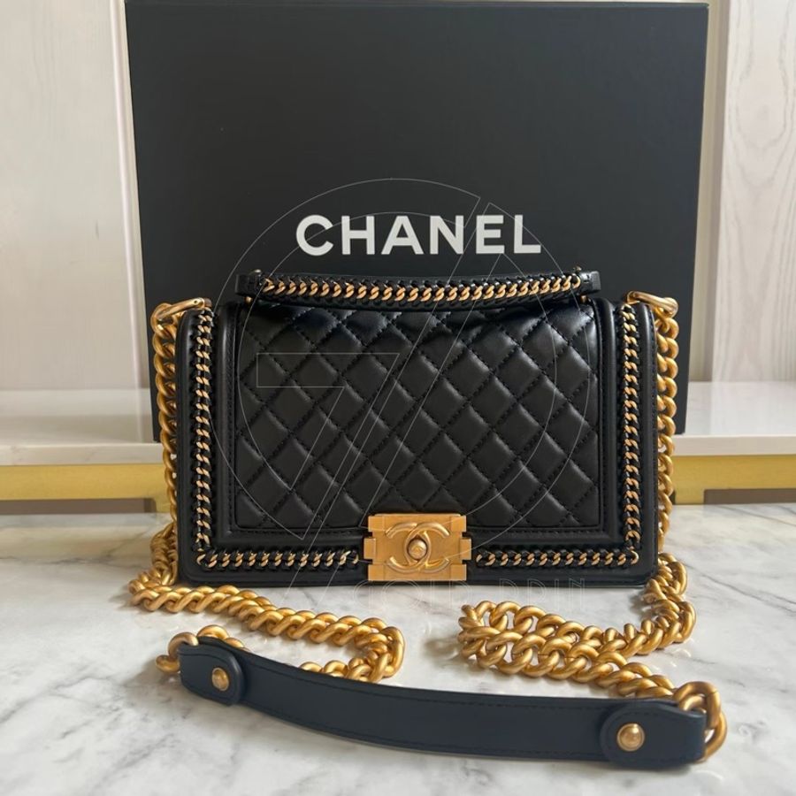 CHANEL BOY 25 手把口蓋包 金、釦錬-6