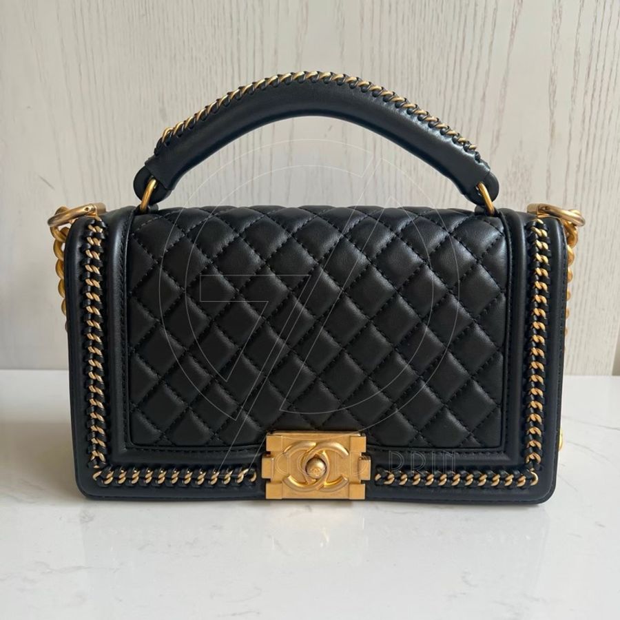 CHANEL BOY 25 手把口蓋包 金、釦錬-12