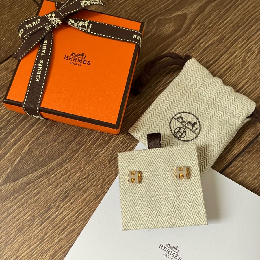 HERMES 經典Pop H立體簍空橢圓LOGO耳環(栗子色/金)-1