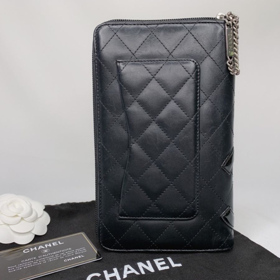 CHANEL 康朋菱格黑雙C拉鍊長夾-1