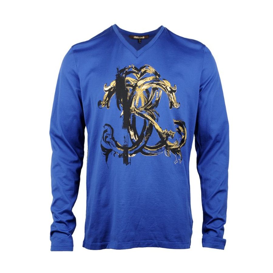 Roberto Cavalli V Neck Print T-Shirt for Men in Blue (BM772Y-435-L)-0