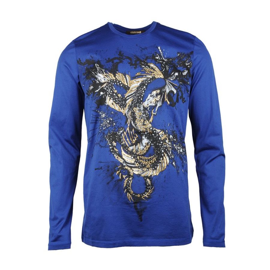 Roberto Cavalli Crew Neck Print T-Shirt for Men in Blue - BM774Y-435 (Size: S,M,L,XL )-0