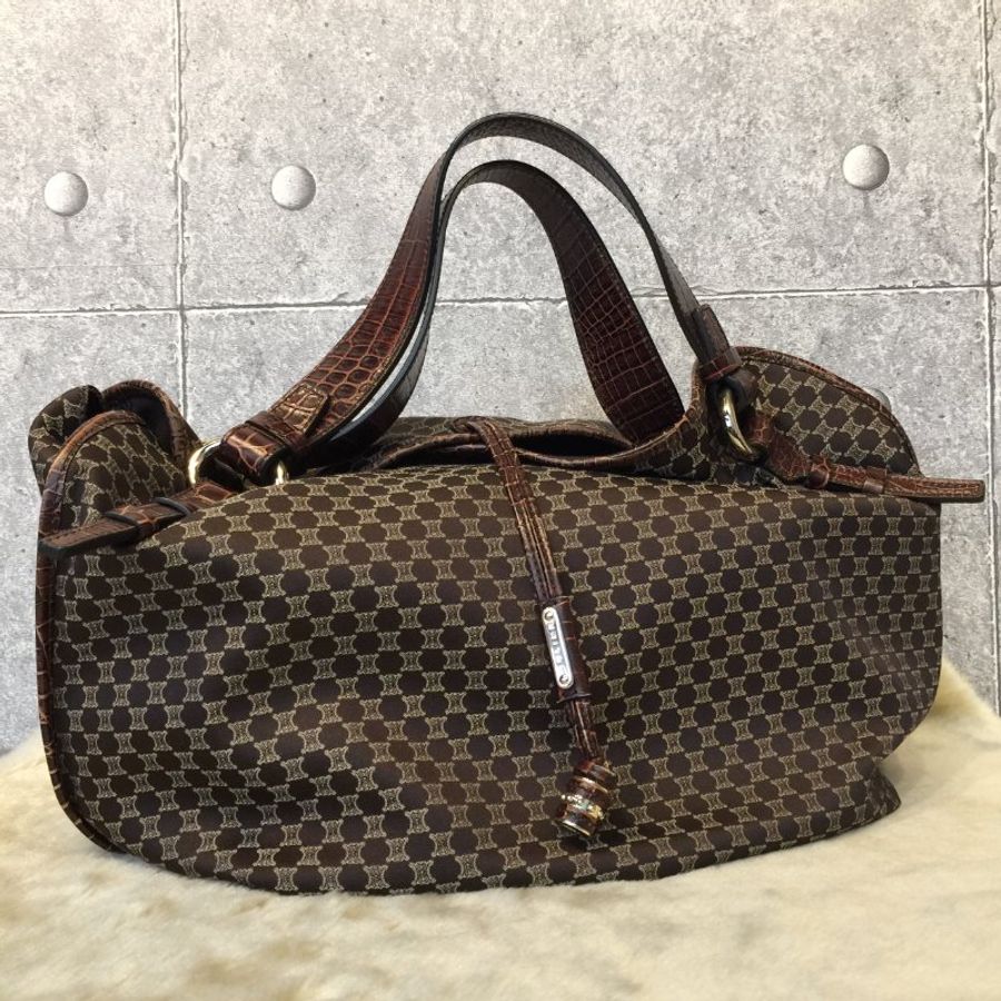 Celine  咖啡色緹花布拼皮革 凱旋門Logo 購物包/托特包-0