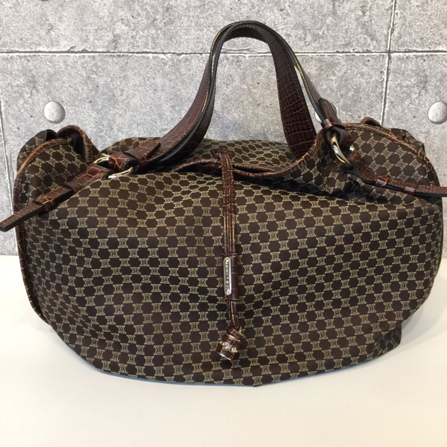 Celine  咖啡色緹花布拼皮革 凱旋門Logo 購物包/托特包-1
