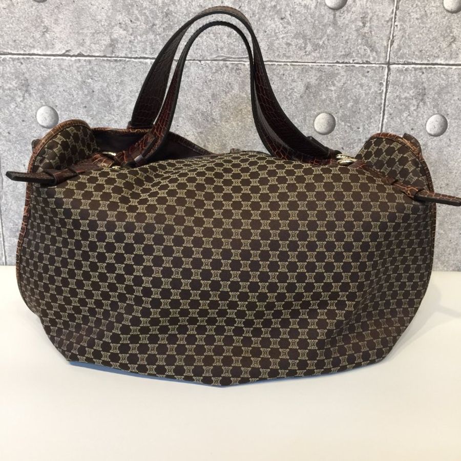 Celine  咖啡色緹花布拼皮革 凱旋門Logo 購物包/托特包-2