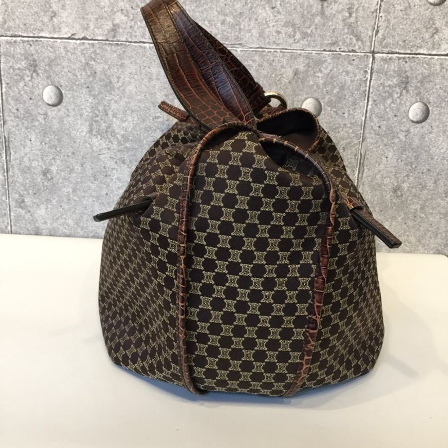 Celine  咖啡色緹花布拼皮革 凱旋門Logo 購物包/托特包-3