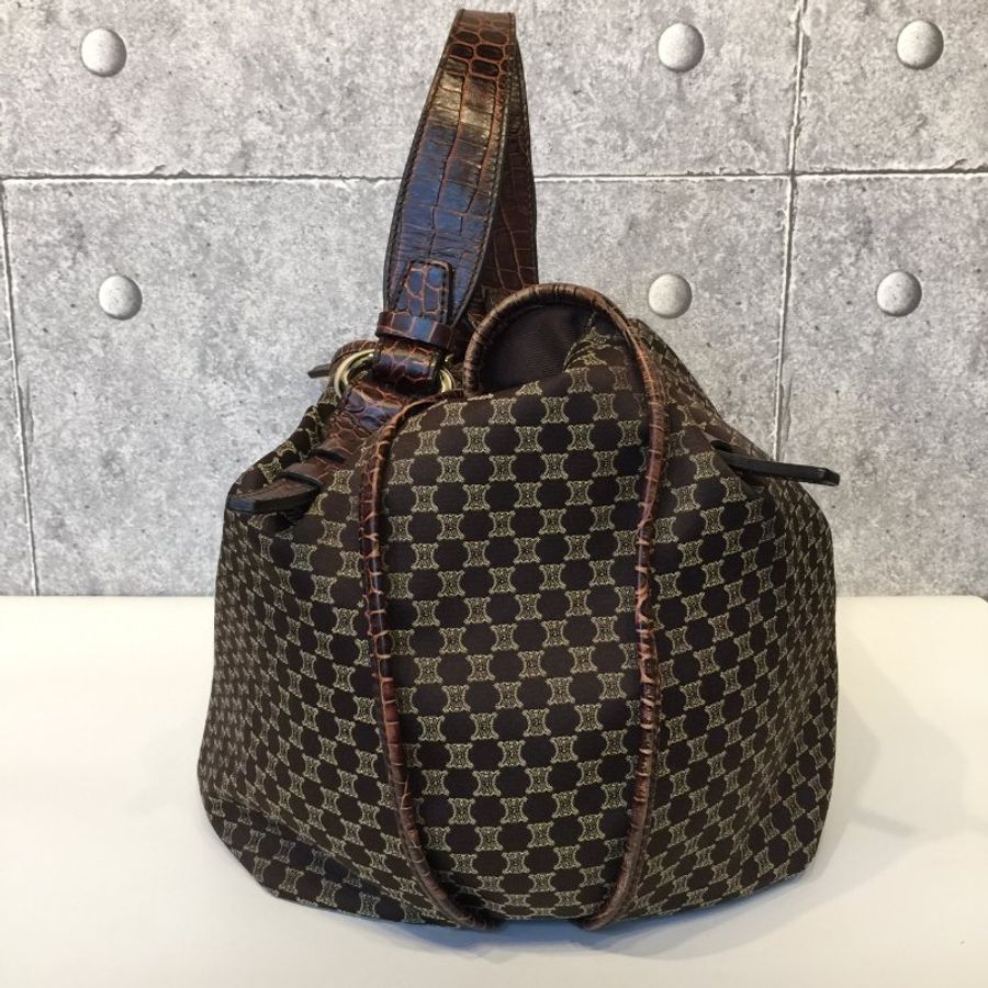 Celine  咖啡色緹花布拼皮革 凱旋門Logo 購物包/托特包-4