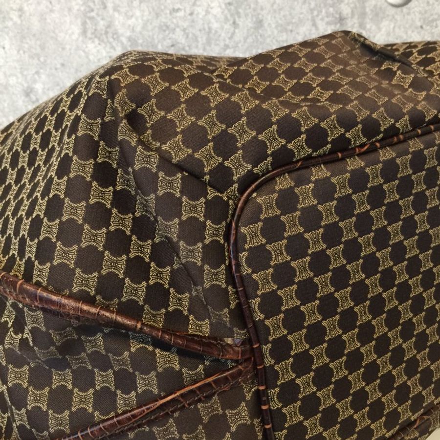 Celine  咖啡色緹花布拼皮革 凱旋門Logo 購物包/托特包-5
