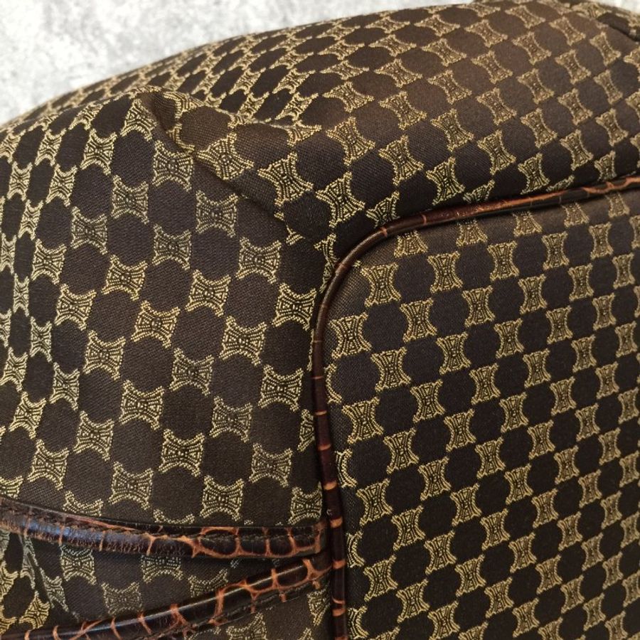 Celine  咖啡色緹花布拼皮革 凱旋門Logo 購物包/托特包-7