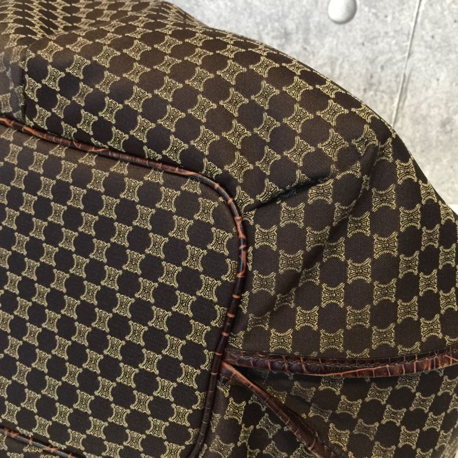 Celine  咖啡色緹花布拼皮革 凱旋門Logo 購物包/托特包-8