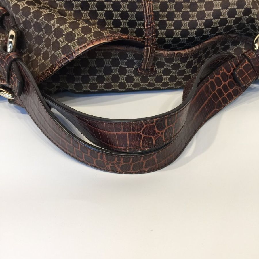 Celine  咖啡色緹花布拼皮革 凱旋門Logo 購物包/托特包-10