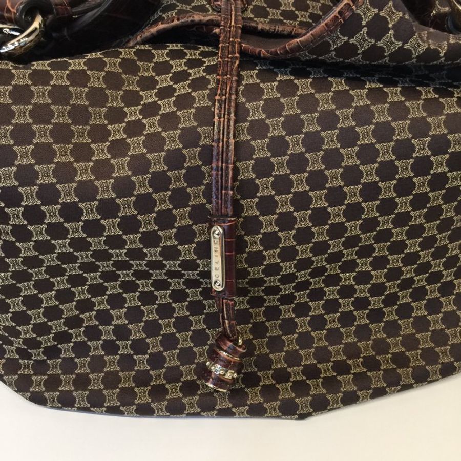 Celine  咖啡色緹花布拼皮革 凱旋門Logo 購物包/托特包-11