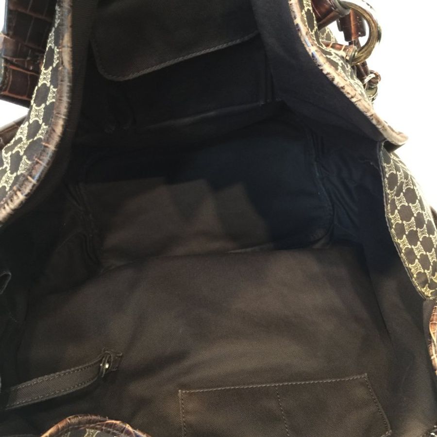 Celine  咖啡色緹花布拼皮革 凱旋門Logo 購物包/托特包-12