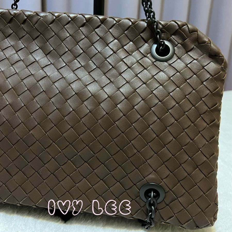 Bottega Veneta 咖啡棕色可可  Intrecciato 編織皮革雙肩包斜背包 二手精品-22