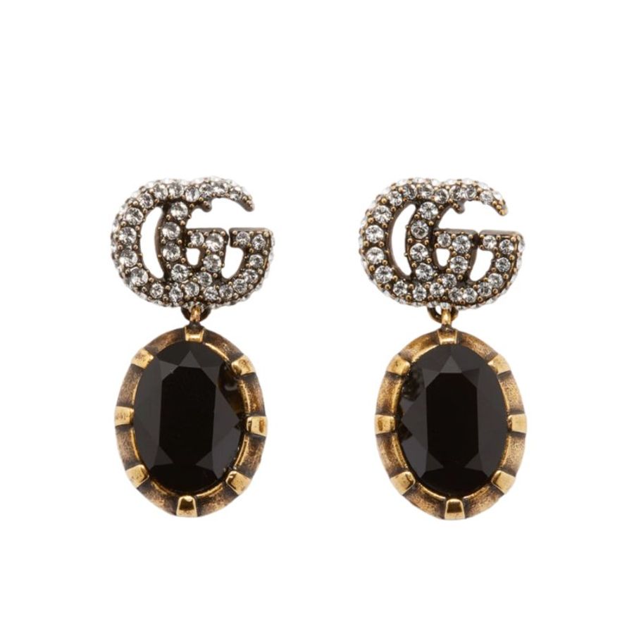 【GUCCI 古馳】Double G 雙G 黑水晶 一對 耳環 金色 629659-0