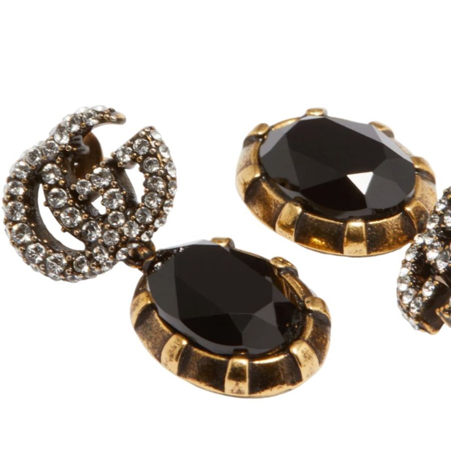 【GUCCI 古馳】Double G 雙G 黑水晶 一對 耳環 金色 629659-1