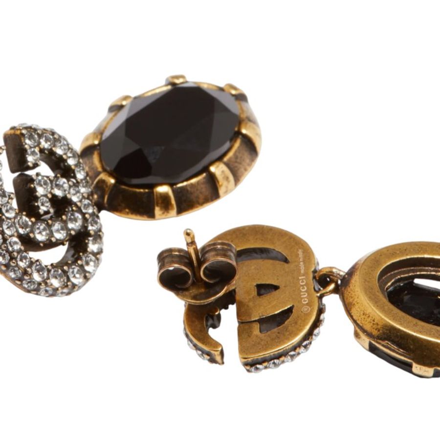 【GUCCI 古馳】Double G 雙G 黑水晶 一對 耳環 金色 629659-3