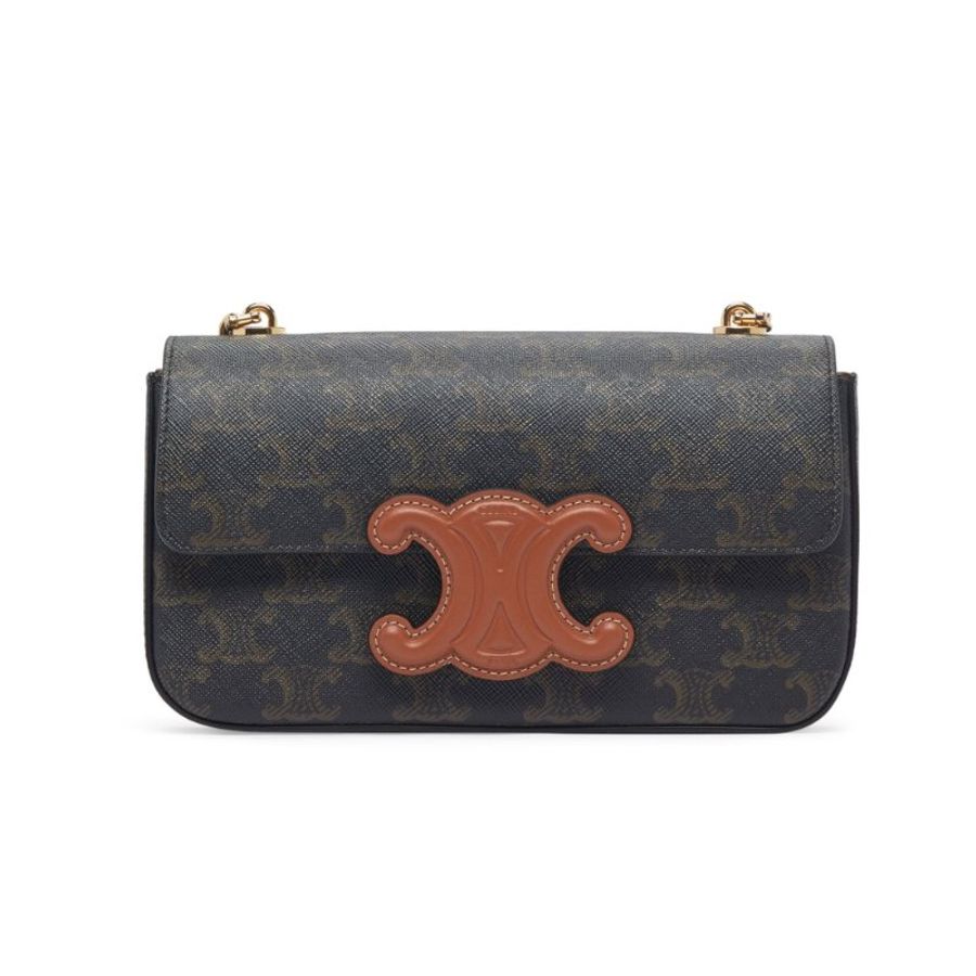 【CELINE】Cuir Triomphe 凱旋門 鍊條 老花 帆布 小牛皮 肩背包 斜背包 腋下包 黃褐色-0