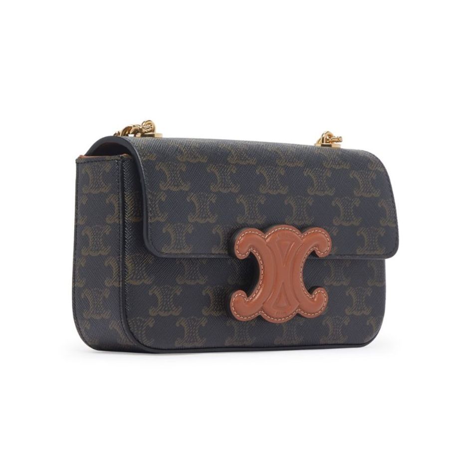 【CELINE】Cuir Triomphe 凱旋門 鍊條 老花 帆布 小牛皮 肩背包 斜背包 腋下包 黃褐色-1