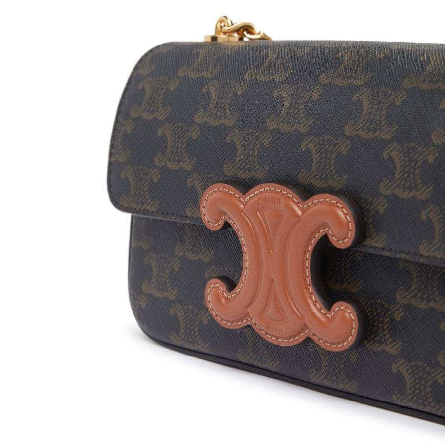 【CELINE】Cuir Triomphe 凱旋門 鍊條 老花 帆布 小牛皮 肩背包 斜背包 腋下包 黃褐色-2