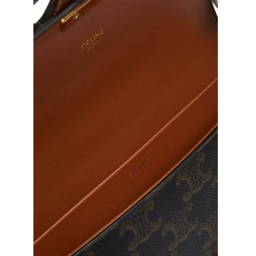 【CELINE】Cuir Triomphe 凱旋門 鍊條 老花 帆布 小牛皮 肩背包 斜背包 腋下包 黃褐色-4