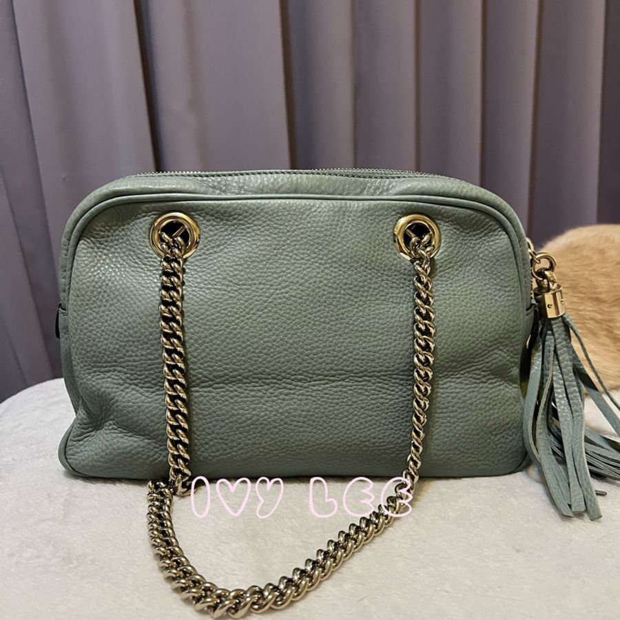 GUCCI 308983 牛皮灰藍綠色 soho 銀鍊 流蘇 肩背包/手提包 二手精品-1