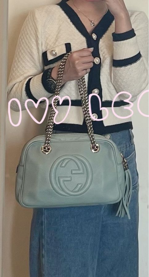 GUCCI 308983 牛皮灰藍綠色 soho 銀鍊 流蘇 肩背包/手提包 二手精品-22