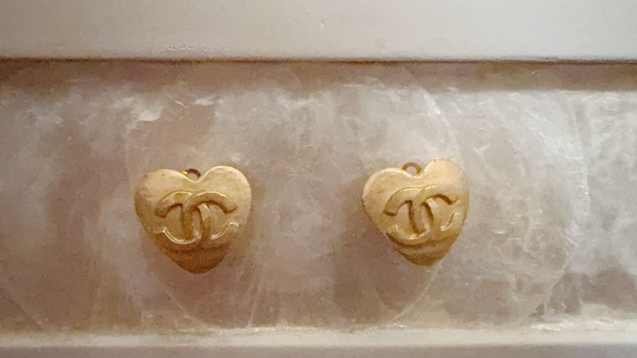 Chanel Vintage 雙C愛心素金耳環-0