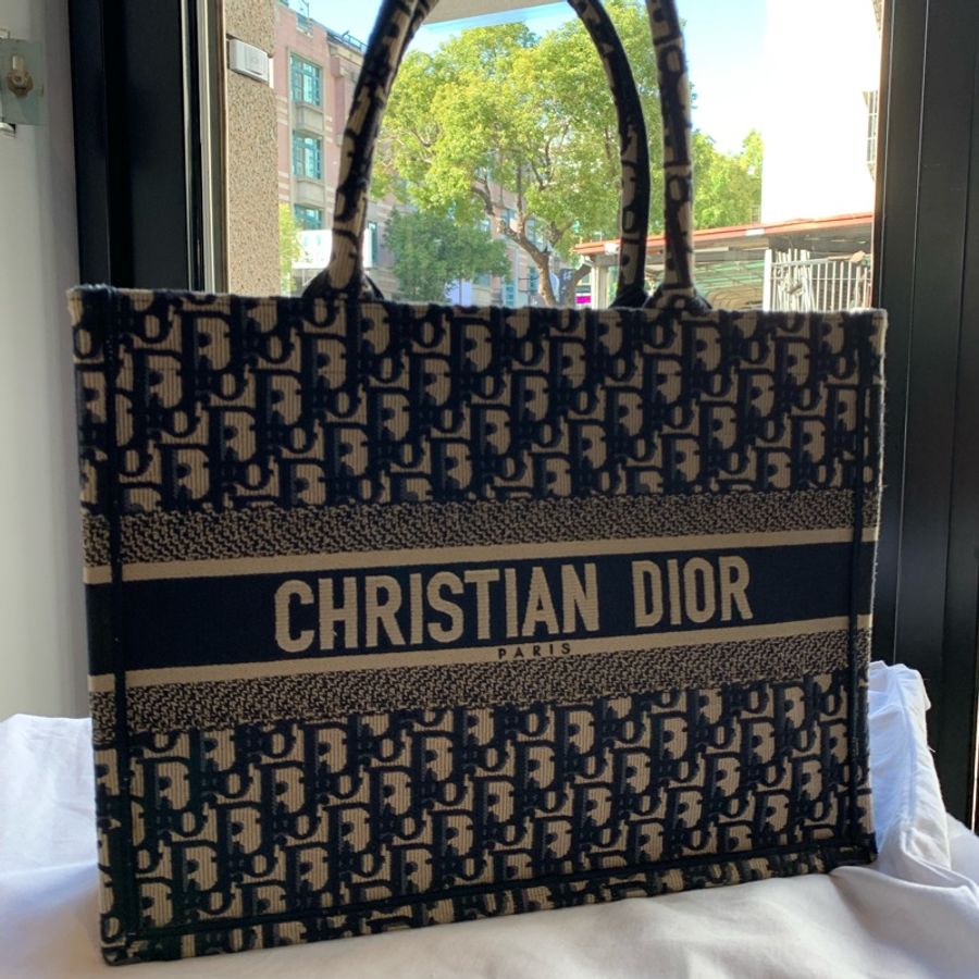 Dior 經典Oblique Book Tote 帆布老花購物/托特包(中款)(米色/藍色)-0