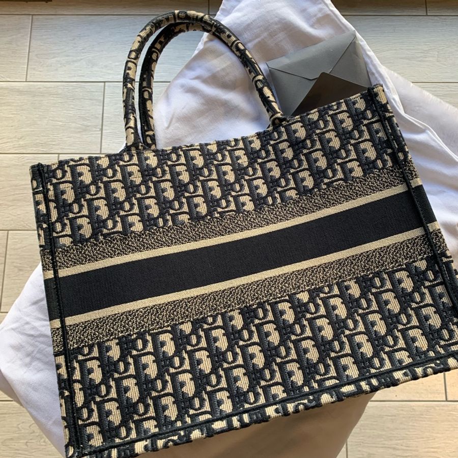 Dior 經典Oblique Book Tote 帆布老花購物/托特包(中款)(米色/藍色)-5