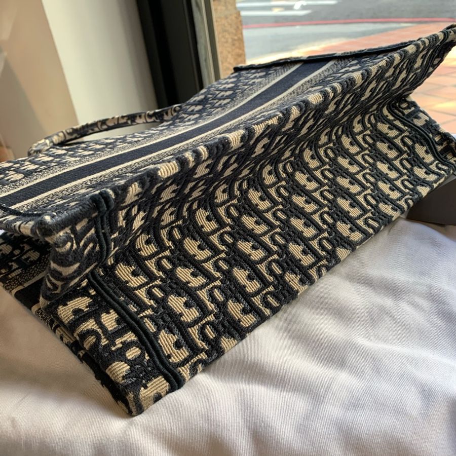 Dior 經典Oblique Book Tote 帆布老花購物/托特包(中款)(米色/藍色)-6