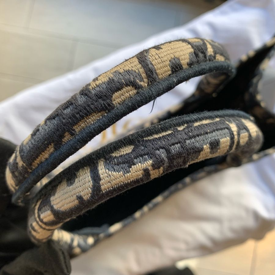 Dior 經典Oblique Book Tote 帆布老花購物/托特包(中款)(米色/藍色)-7