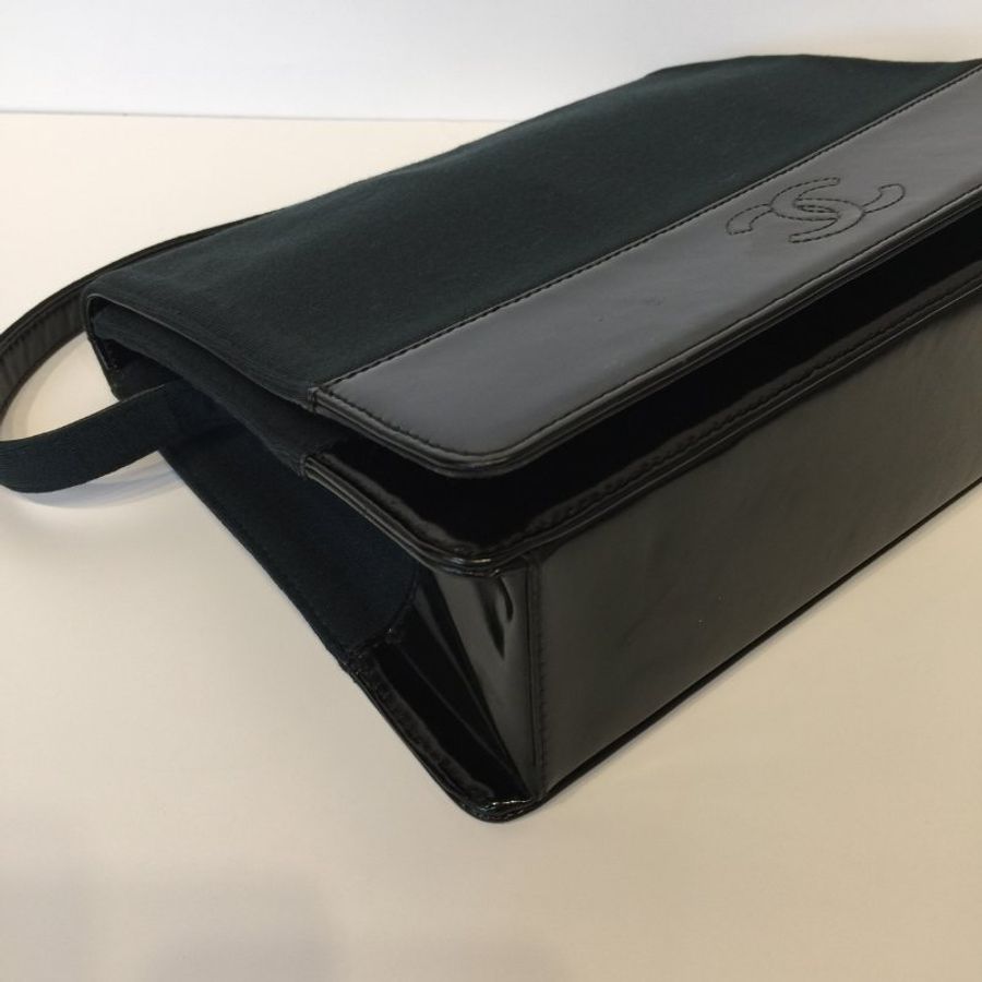 Chanel  墨綠布拼黑皮革掀蓋方型肩背包 /側肩包-5