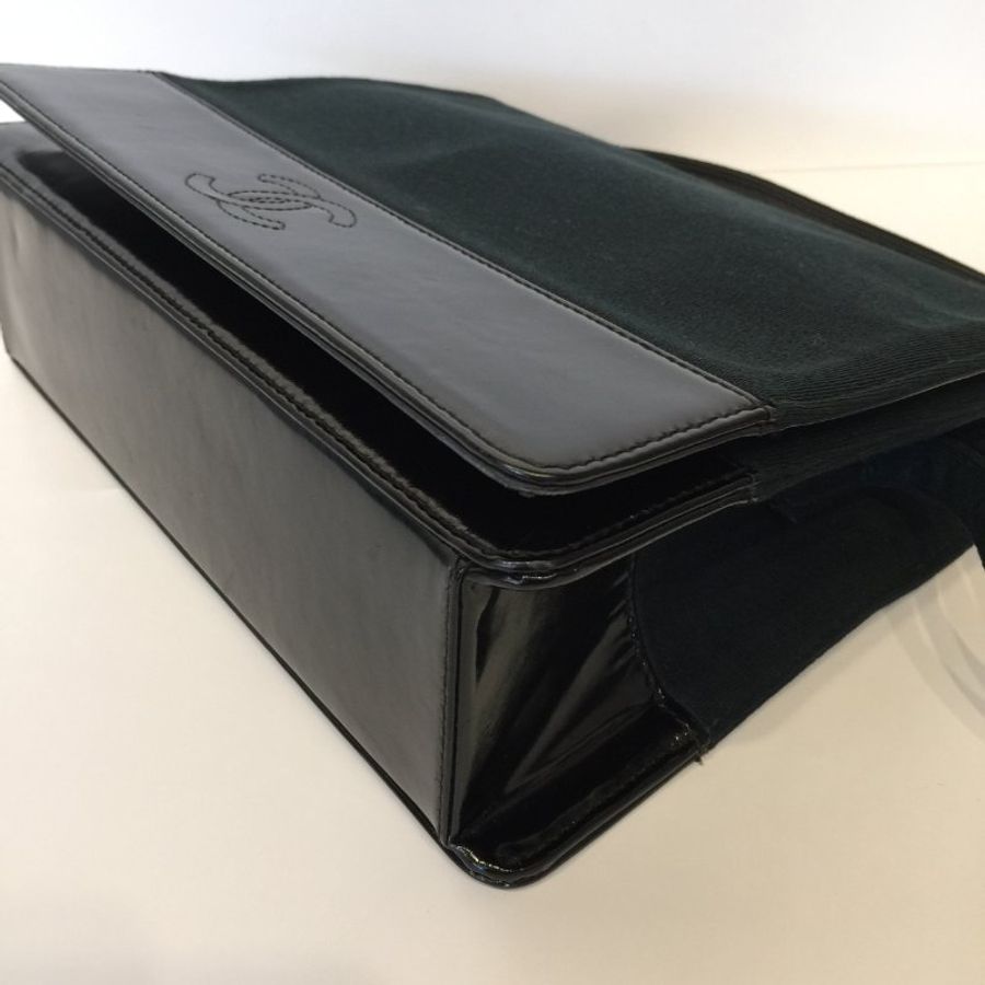 Chanel  墨綠布拼黑皮革掀蓋方型肩背包 /側肩包-6