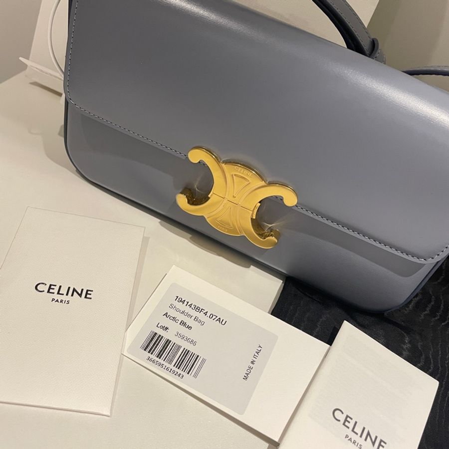 全新正品CELINE Triomphe SHOULDER BAG 霧霾藍凱旋門亮面牛皮肩下腋下包(購於網紅陳卉 林襄)可優惠-0