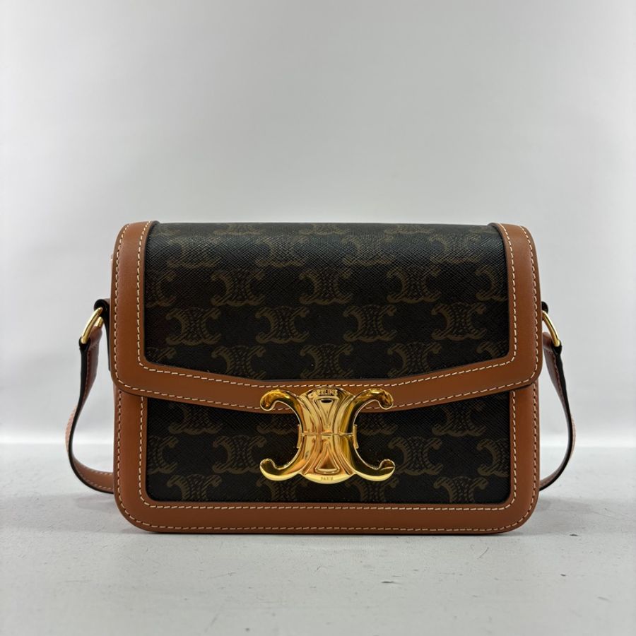 Celine 188882焦糖牛皮凱旋門釦老花Teen Triomphe斜背包-1
