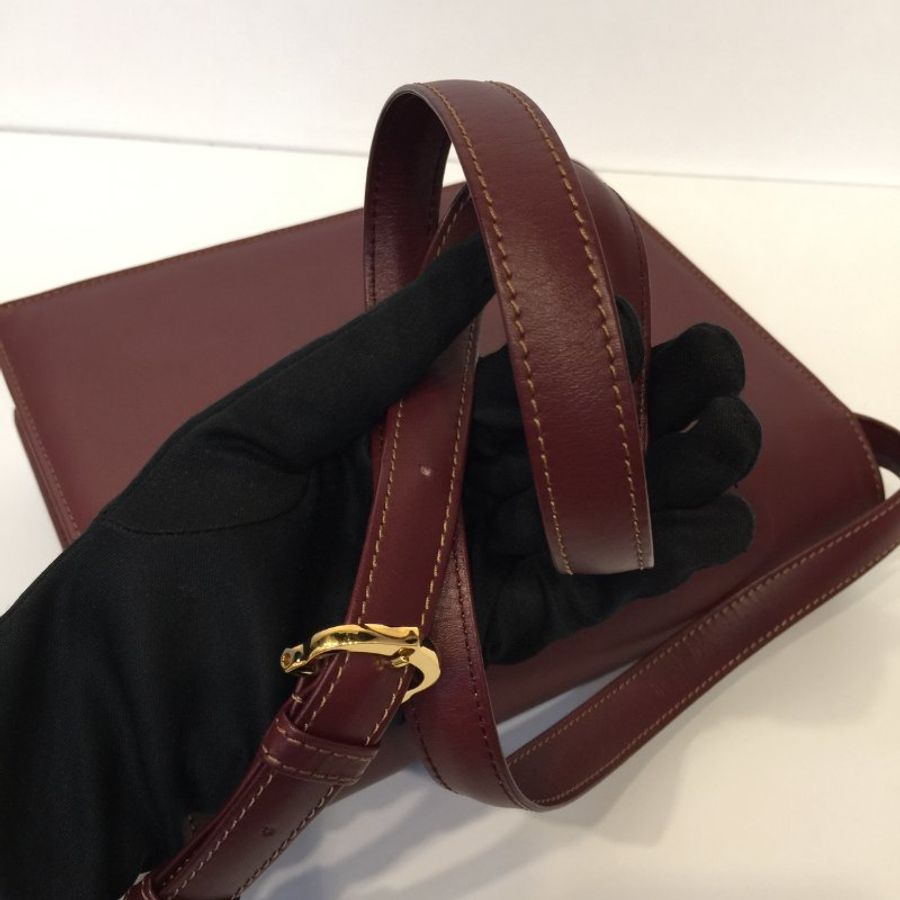 Cartier 卡地亞 經典酒紅色 全皮信封式 方型斜背包-12