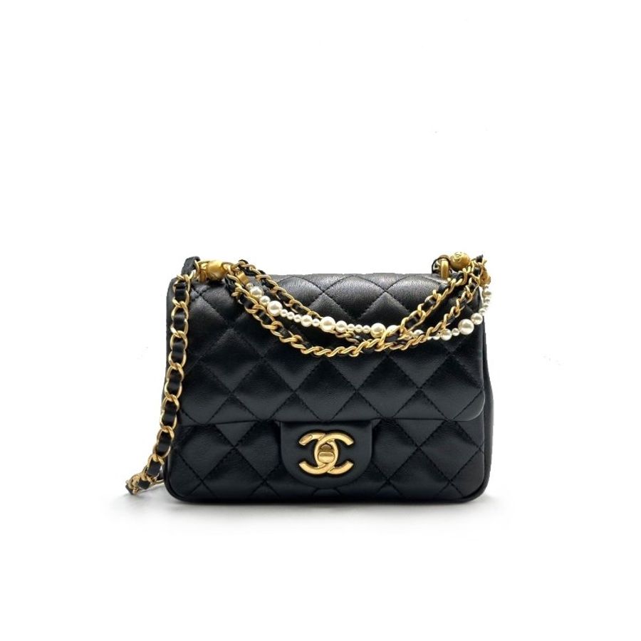 CHANEL 24P 珍珠鍊條方胖子口蓋包 17 - 黑金-0