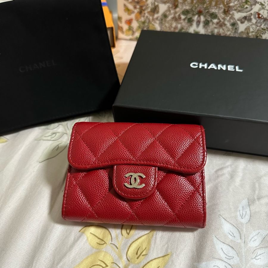 Chanel 雙層 荔枝牛皮 銀扣 卡包 零錢包-0