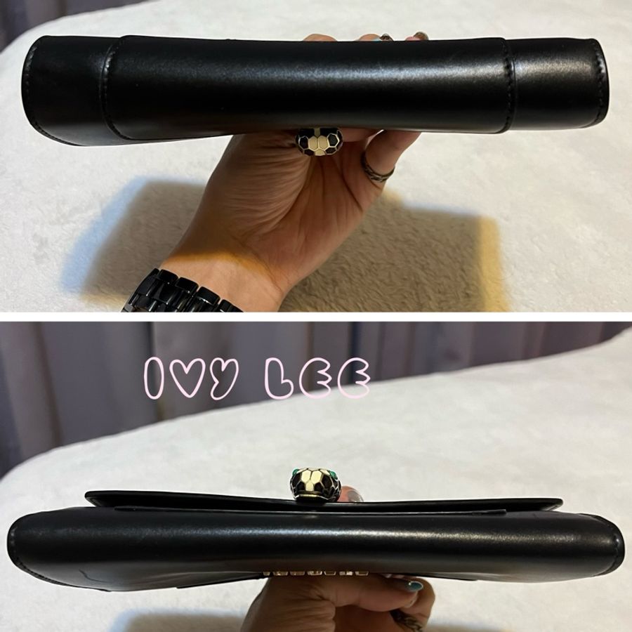 Bvlgari(缺貨中、勿下單)280353品牌長版皮夾 小牛皮琺瑯蛇頭扣環撞色(黑/綠)二手精品-15